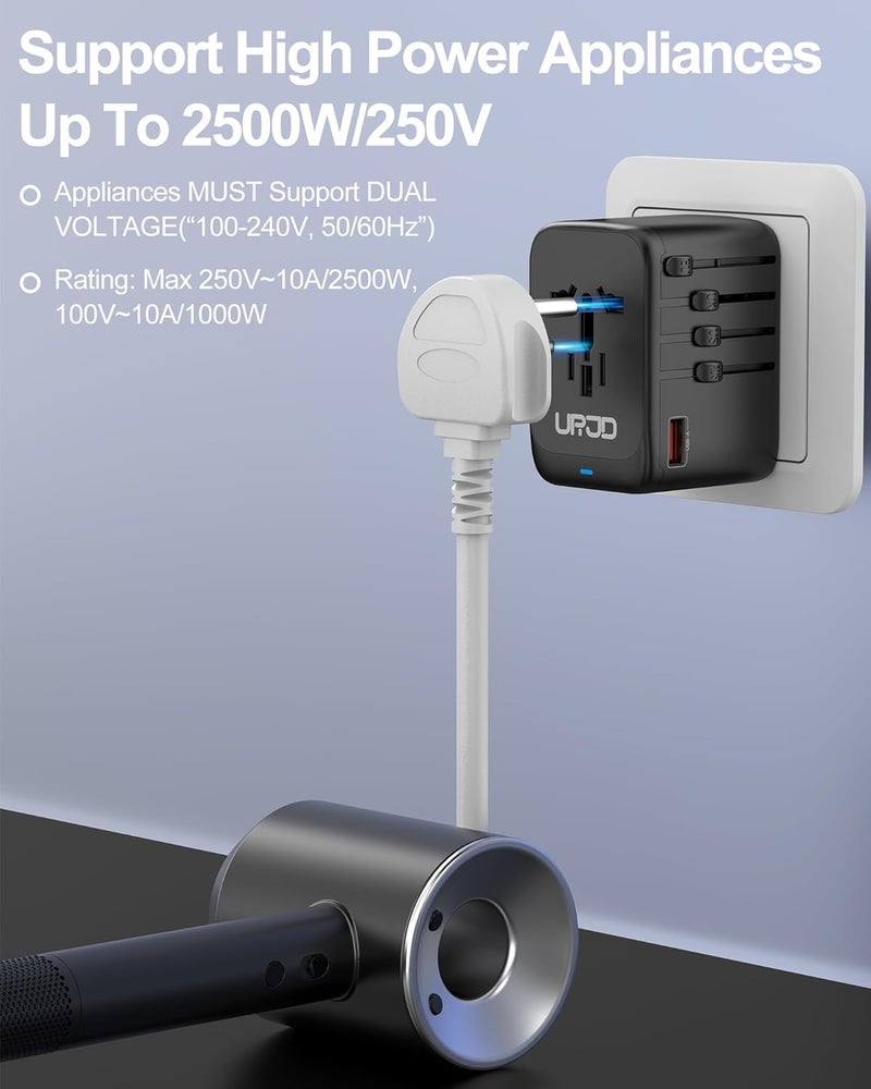 URJD Universal Travel Adapter GaN 65W Fast Charger, 3 USB C(Each/GaN 65W) & 1 USB A(PD 45W) Ports & 2500W AC Outlet, International Power Adapter High Power Travel Plug Adapter for Europe UK US AUS - Image 5